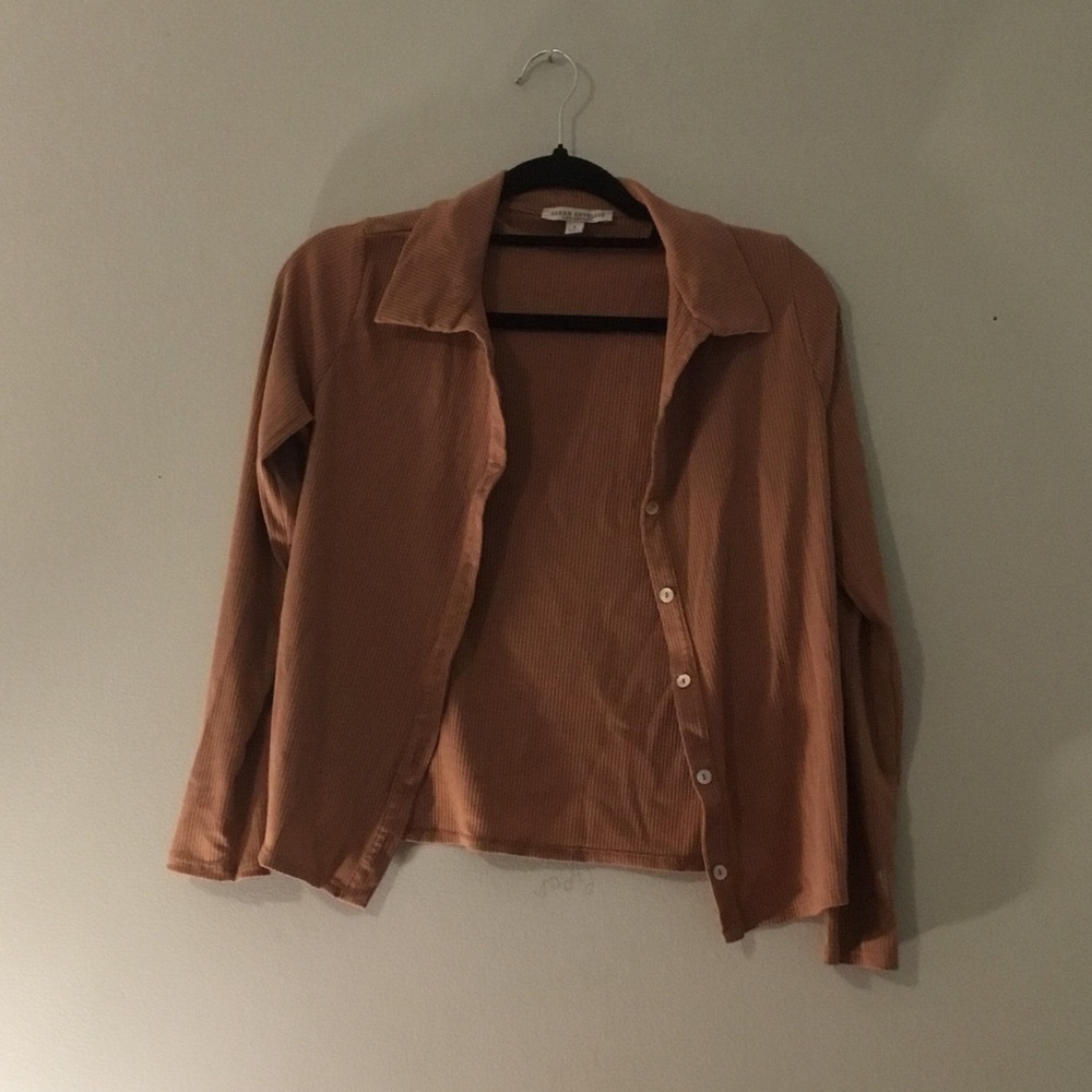 Green Envelope Ribbed Button-Up Top - Warm Tan